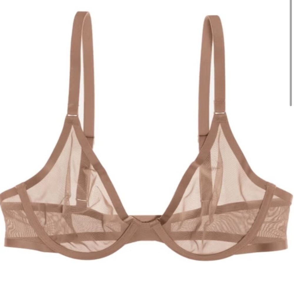Brand New CUUP The Plunge Mesh Bra in Taupe Sheer Net 14K Gold Plated Demi Tan